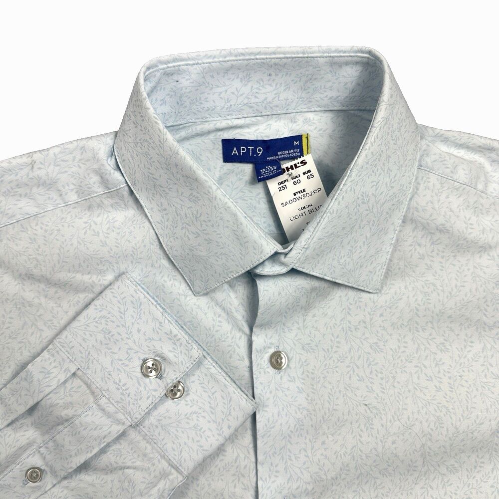 Apt. 9 Mens Dress Shirt Light Blue Floral Leaf Print Regular Fit Stretch Size M